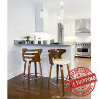 Lumisource B24-COSNIR WLCR2 Cosini Mid-Century Modern Counter Stool with Swivel in Walnut and Cream Faux Leather - Set of 2
